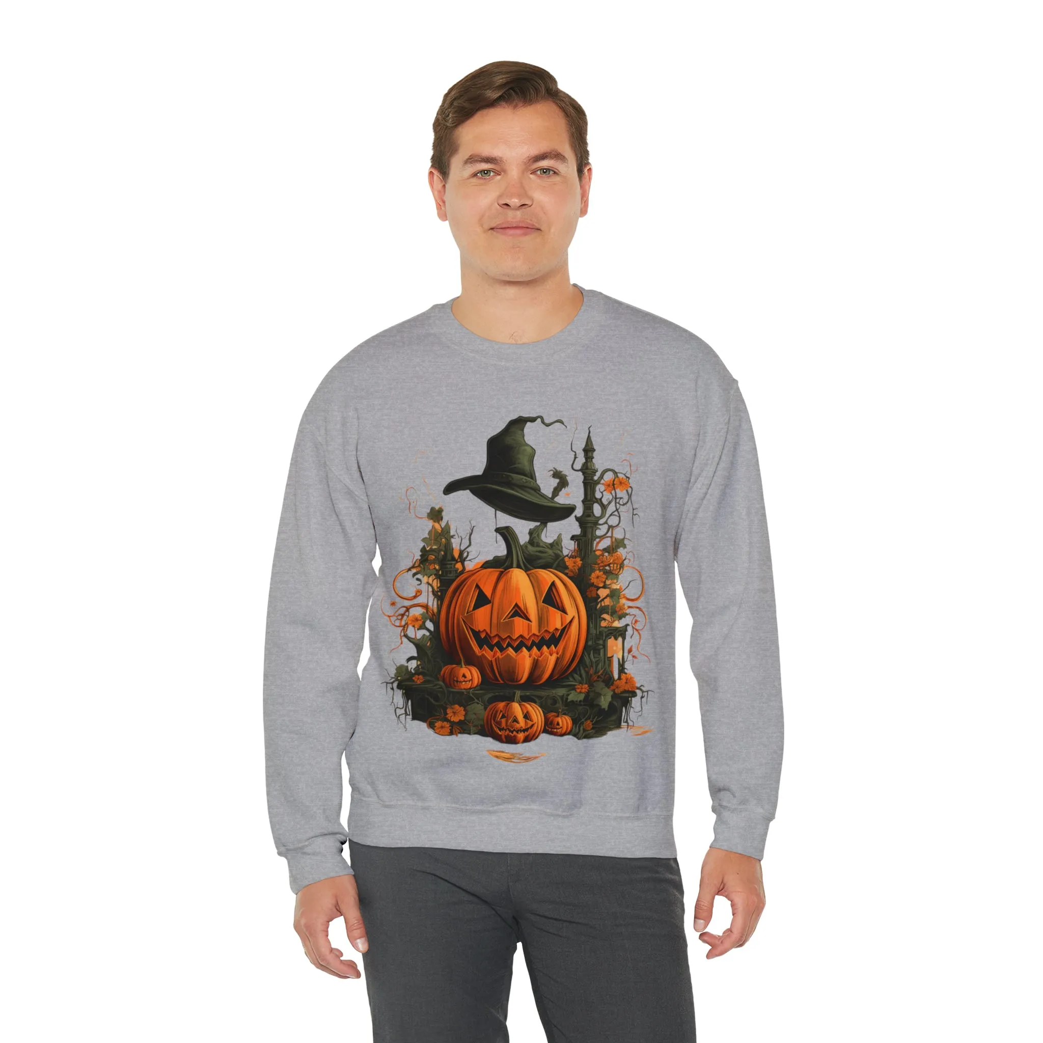 Halloween Crewneck Sweatshirt with Scary Pumpkins Castle Graphic