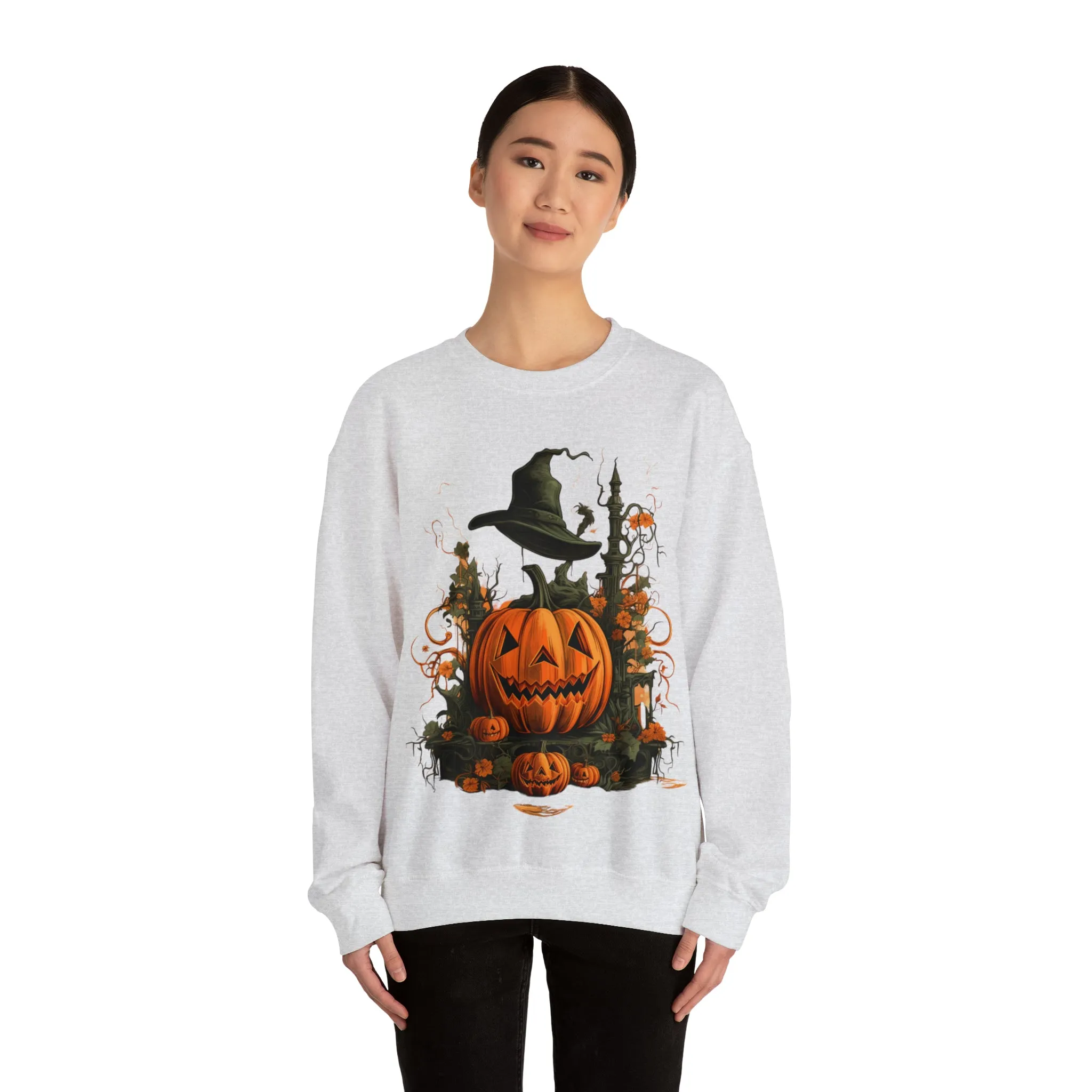 Halloween Crewneck Sweatshirt with Scary Pumpkins Castle Graphic