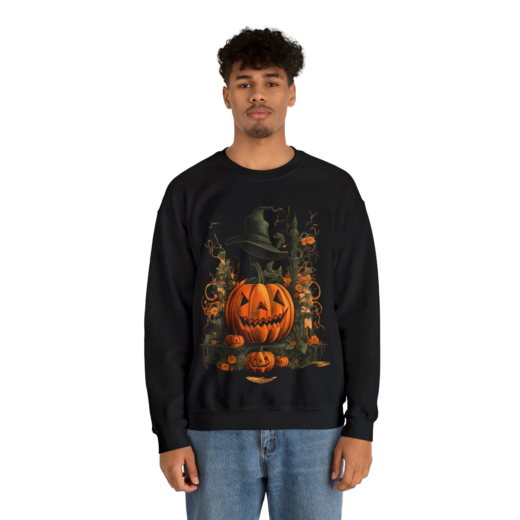 Halloween Crewneck Sweatshirt with Scary Pumpkins Castle Graphic