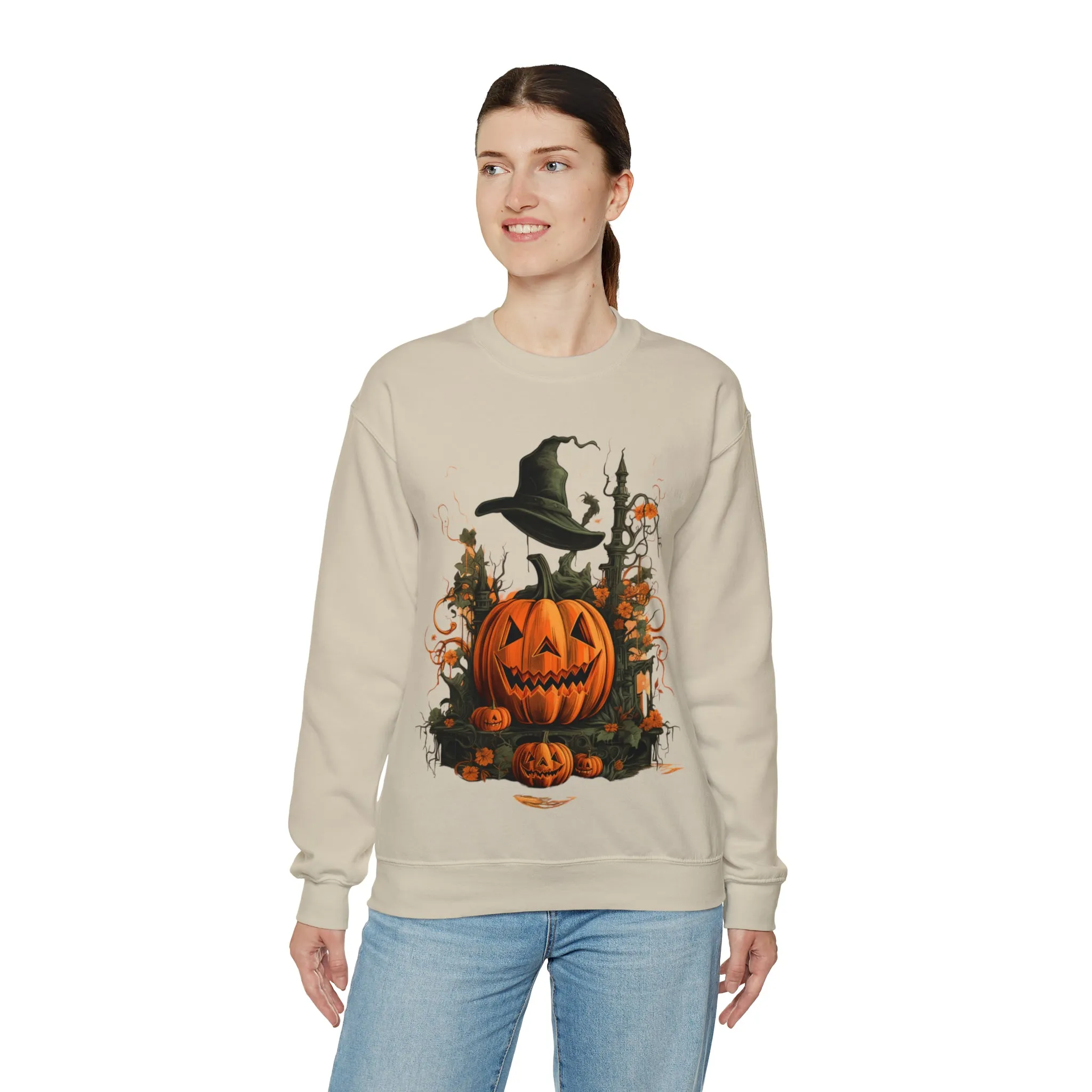 Halloween Crewneck Sweatshirt with Scary Pumpkins Castle Graphic