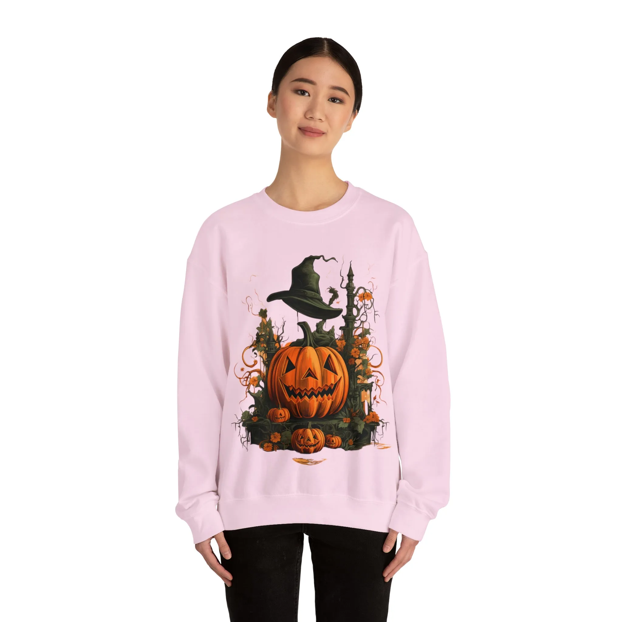 Halloween Crewneck Sweatshirt with Scary Pumpkins Castle Graphic