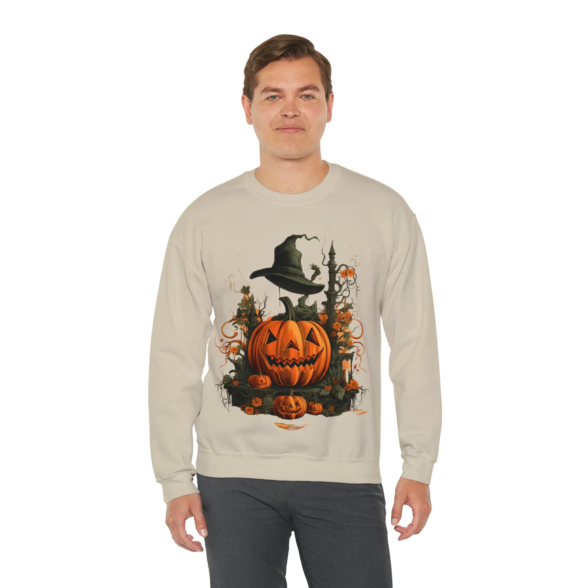 Halloween Crewneck Sweatshirt with Scary Pumpkins Castle Graphic