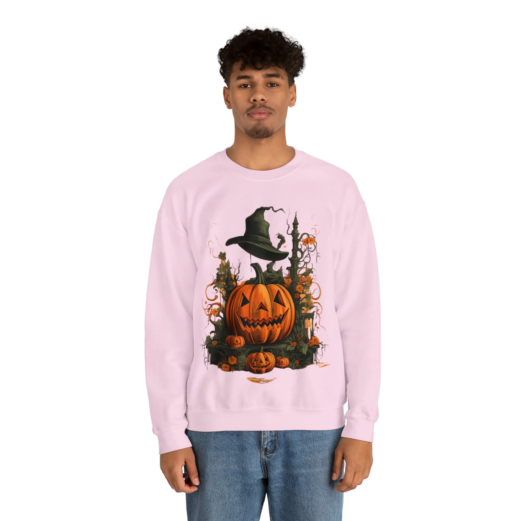 Halloween Crewneck Sweatshirt with Scary Pumpkins Castle Graphic