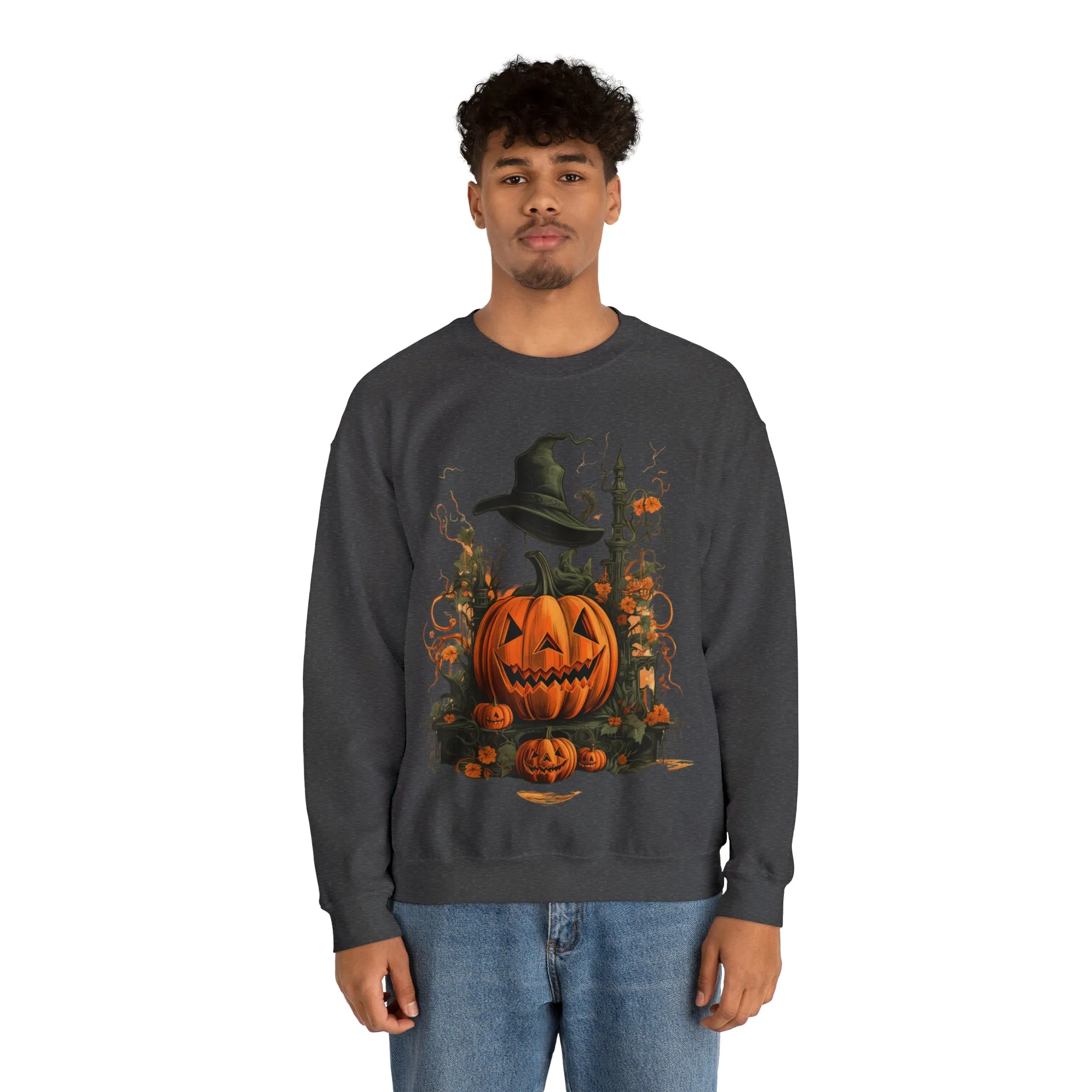 Halloween Crewneck Sweatshirt with Scary Pumpkins Castle Graphic