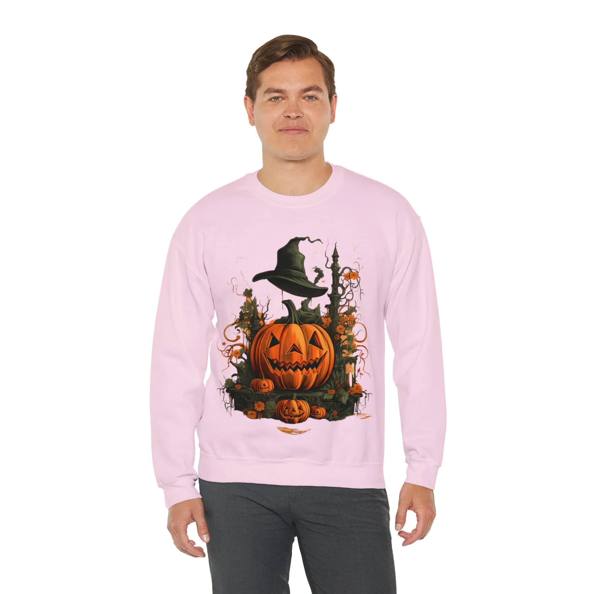 Halloween Crewneck Sweatshirt with Scary Pumpkins Castle Graphic