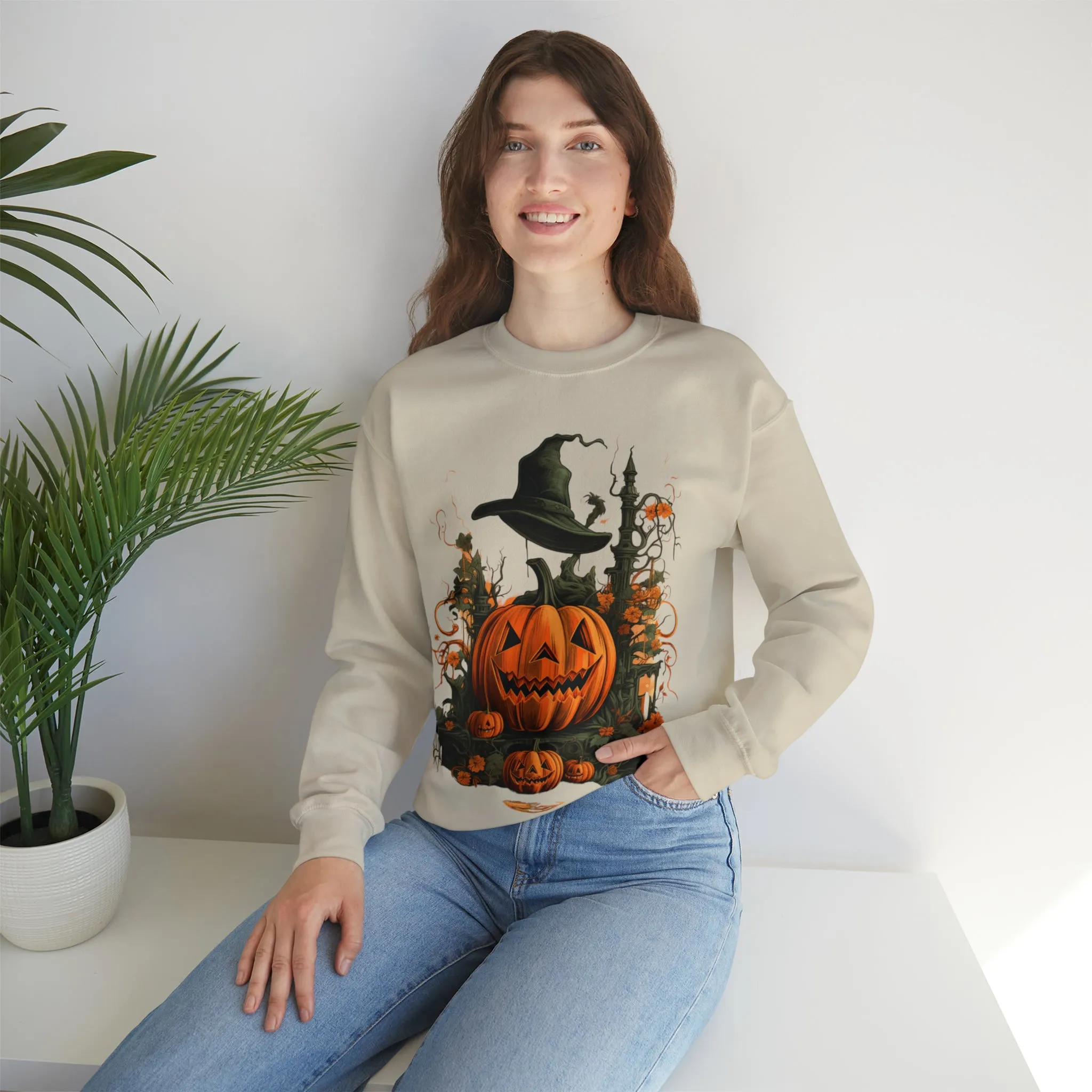 Halloween Crewneck Sweatshirt with Scary Pumpkins Castle Graphic