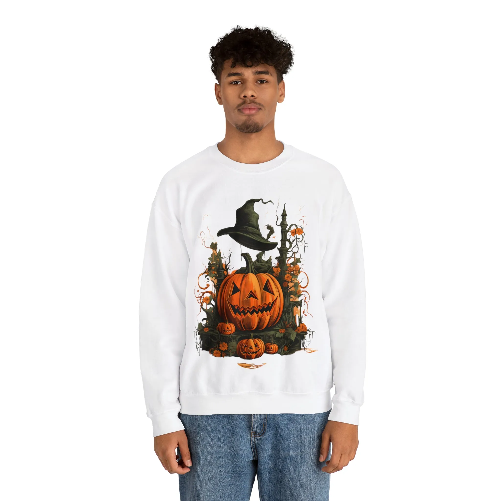 Halloween Crewneck Sweatshirt with Scary Pumpkins Castle Graphic