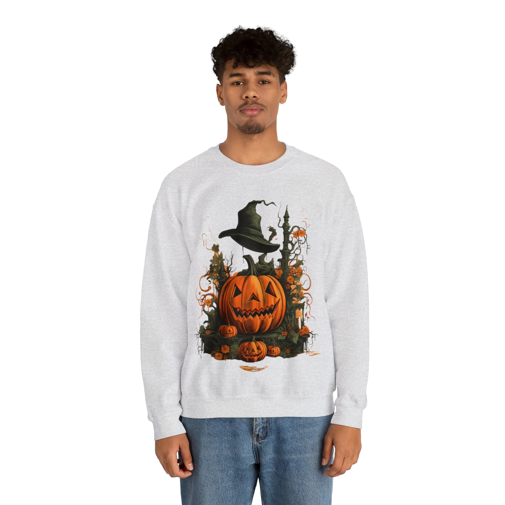 Halloween Crewneck Sweatshirt with Scary Pumpkins Castle Graphic