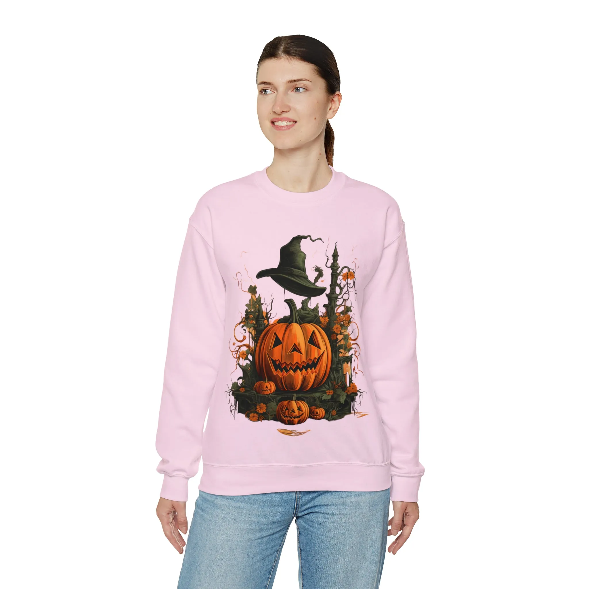 Halloween Crewneck Sweatshirt with Scary Pumpkins Castle Graphic