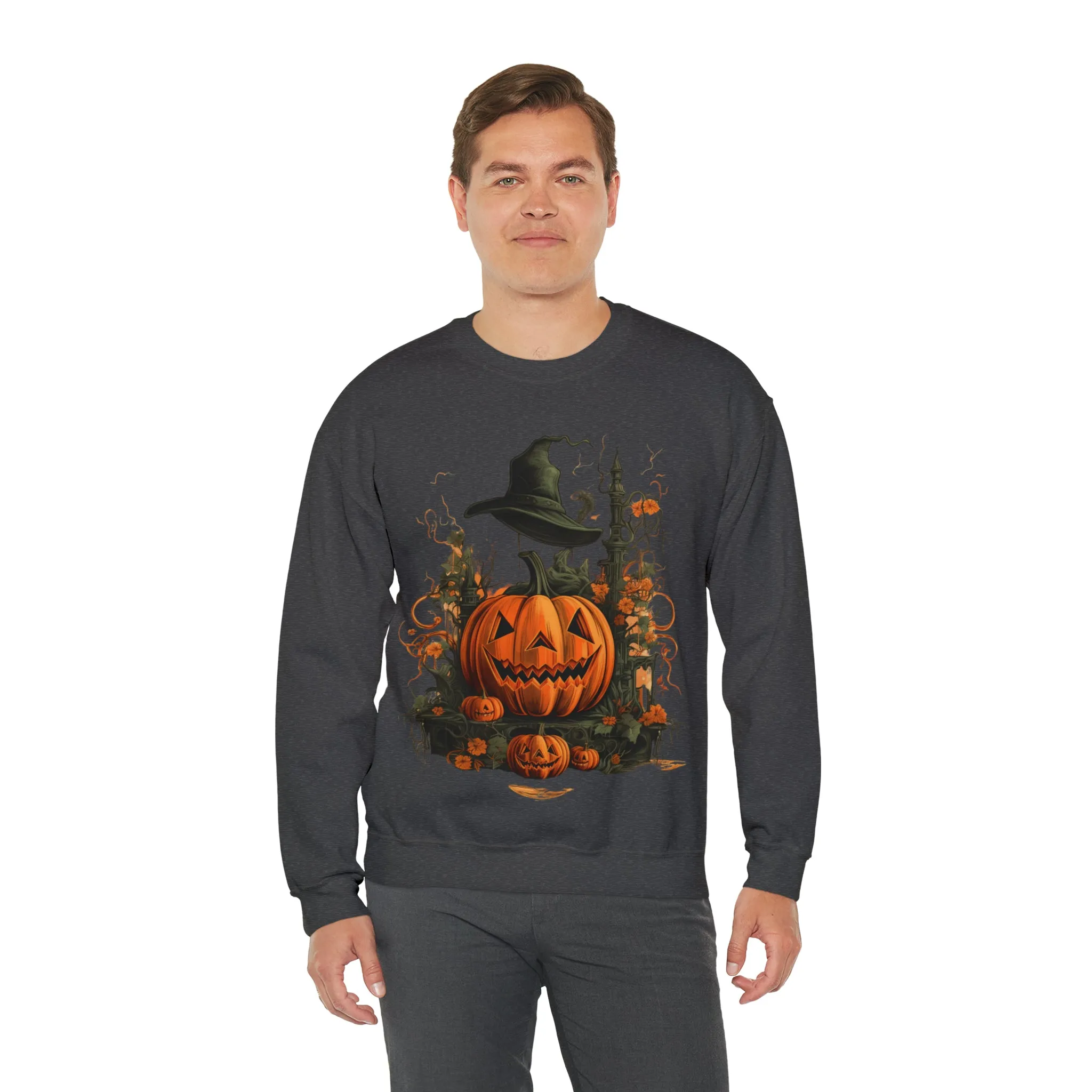 Halloween Crewneck Sweatshirt with Scary Pumpkins Castle Graphic