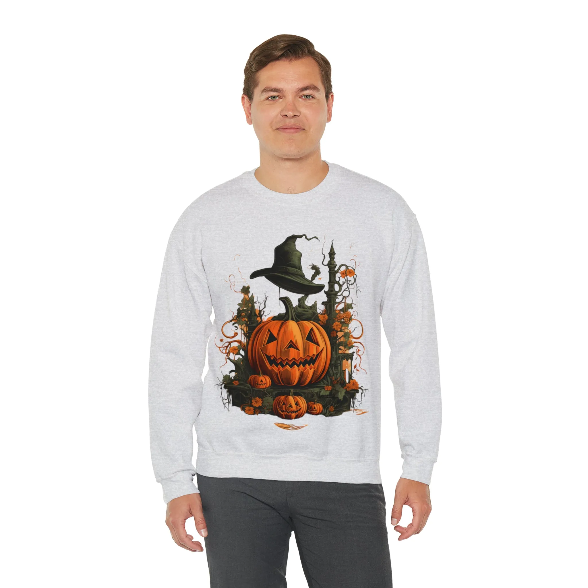 Halloween Crewneck Sweatshirt with Scary Pumpkins Castle Graphic