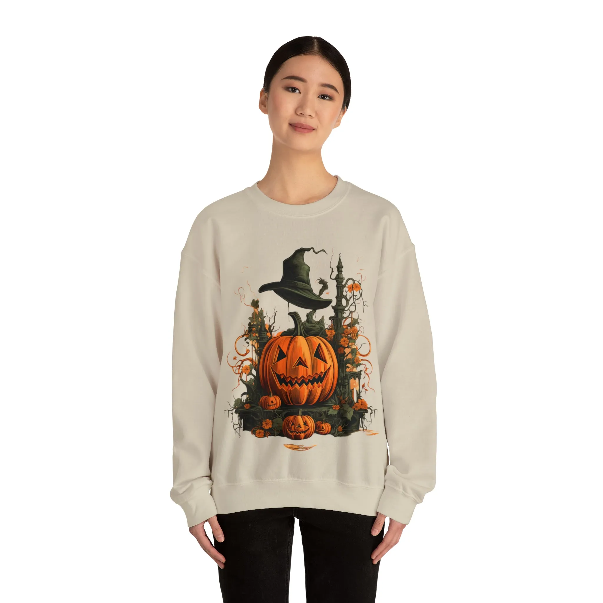 Halloween Crewneck Sweatshirt with Scary Pumpkins Castle Graphic