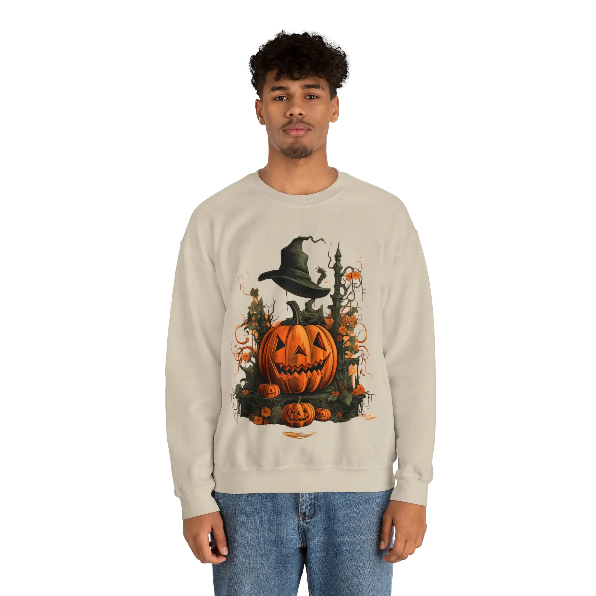 Halloween Crewneck Sweatshirt with Scary Pumpkins Castle Graphic