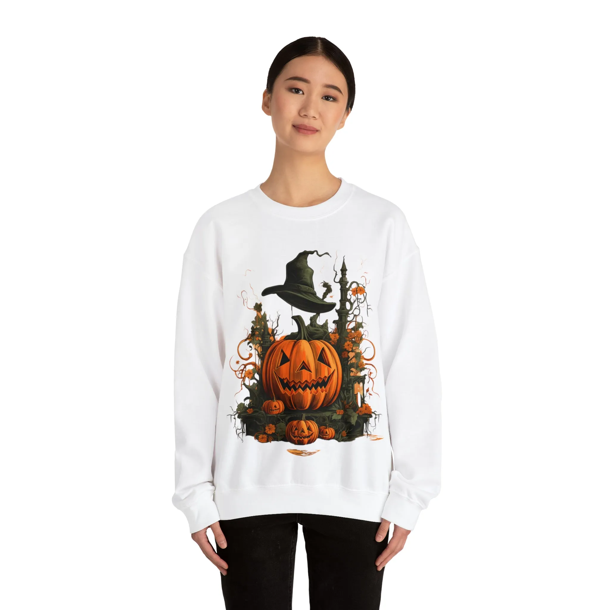 Halloween Crewneck Sweatshirt with Scary Pumpkins Castle Graphic