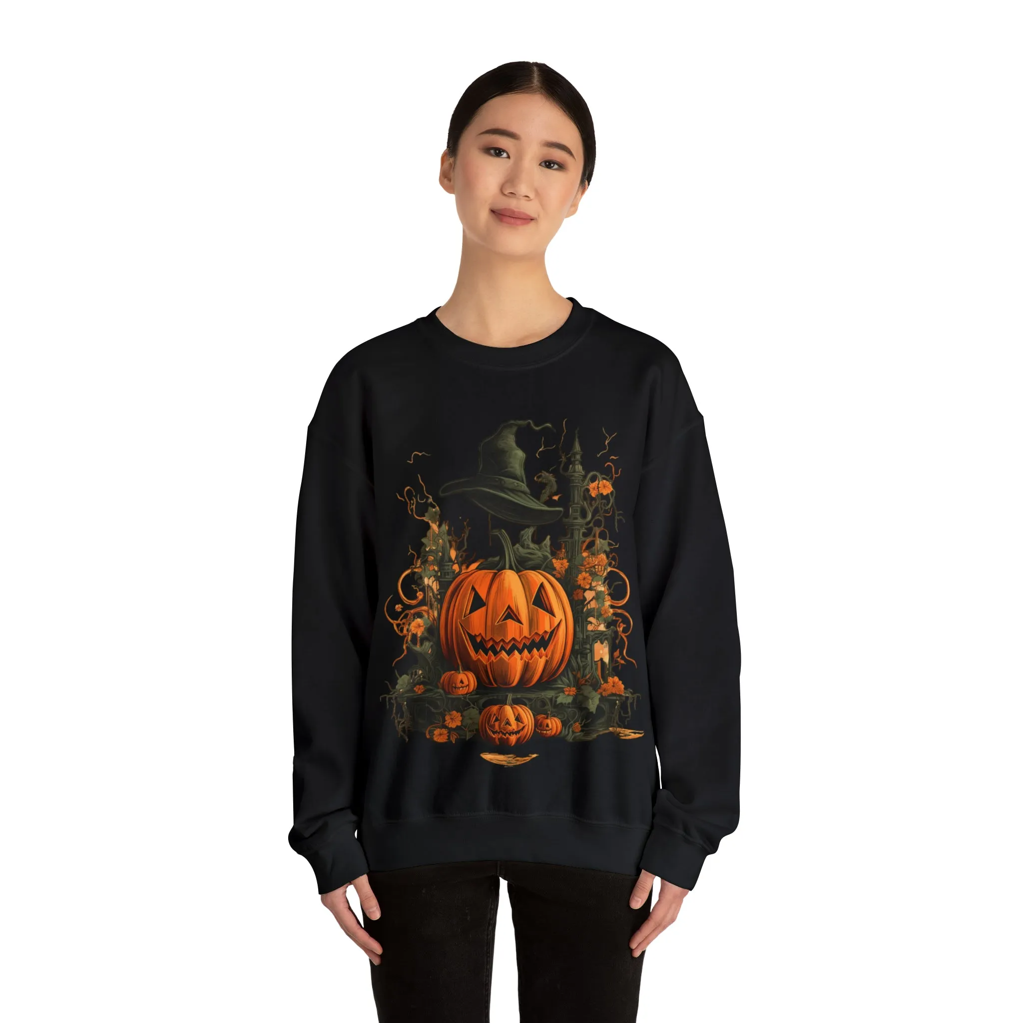 Halloween Crewneck Sweatshirt with Scary Pumpkins Castle Graphic