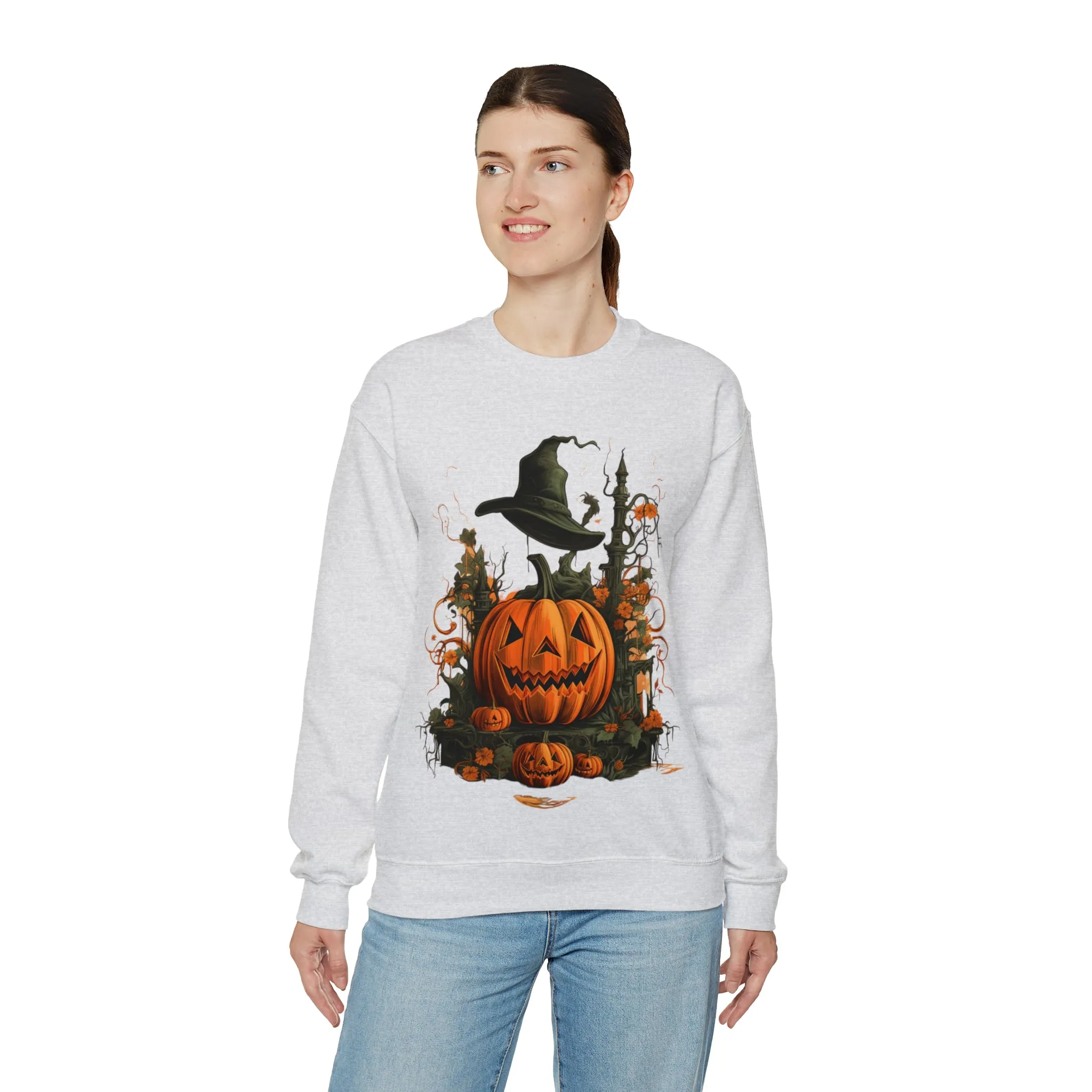 Halloween Crewneck Sweatshirt with Scary Pumpkins Castle Graphic