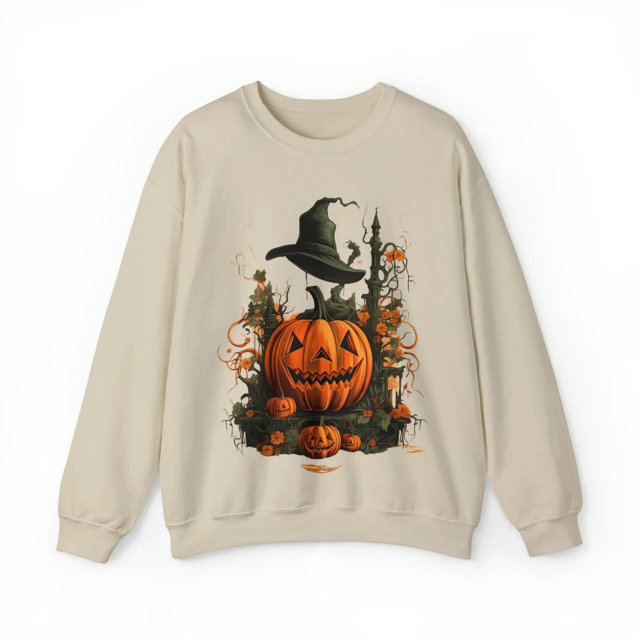 Halloween Crewneck Sweatshirt with Scary Pumpkins Castle Graphic