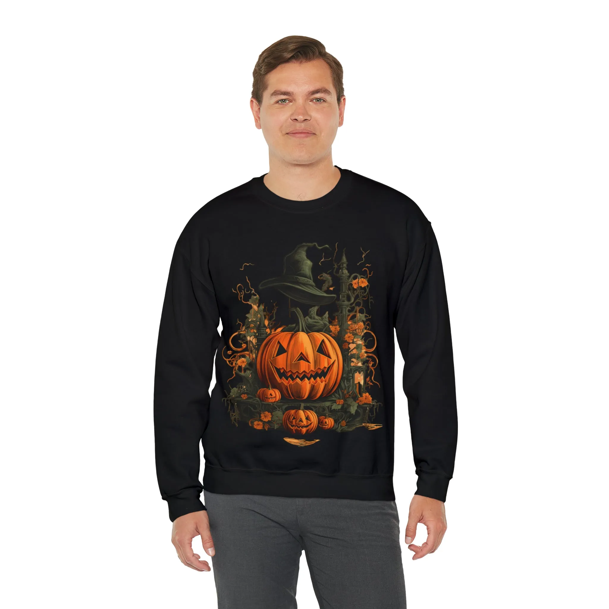 Halloween Crewneck Sweatshirt with Scary Pumpkins Castle Graphic