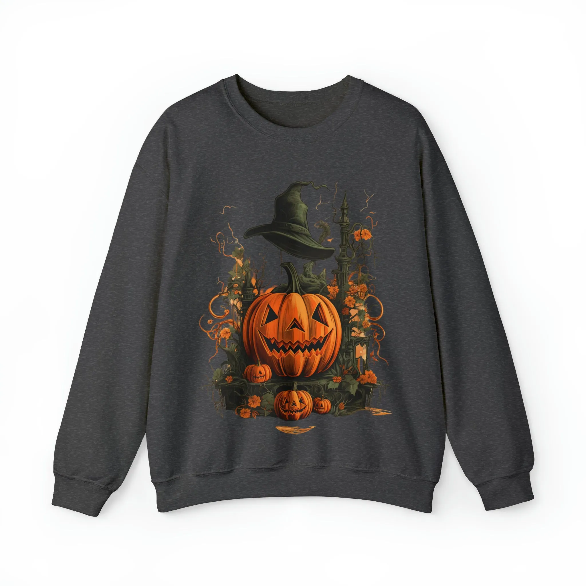 Halloween Crewneck Sweatshirt with Scary Pumpkins Castle Graphic
