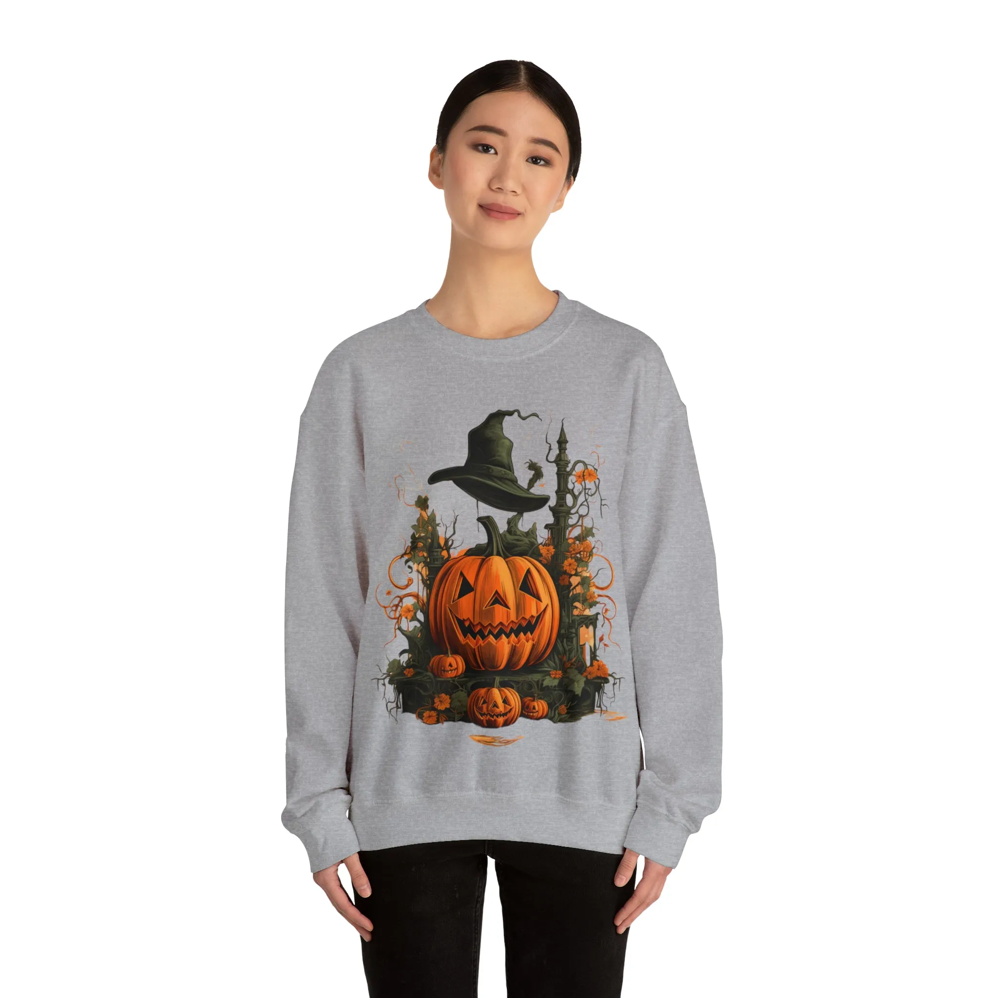 Halloween Crewneck Sweatshirt with Scary Pumpkins Castle Graphic