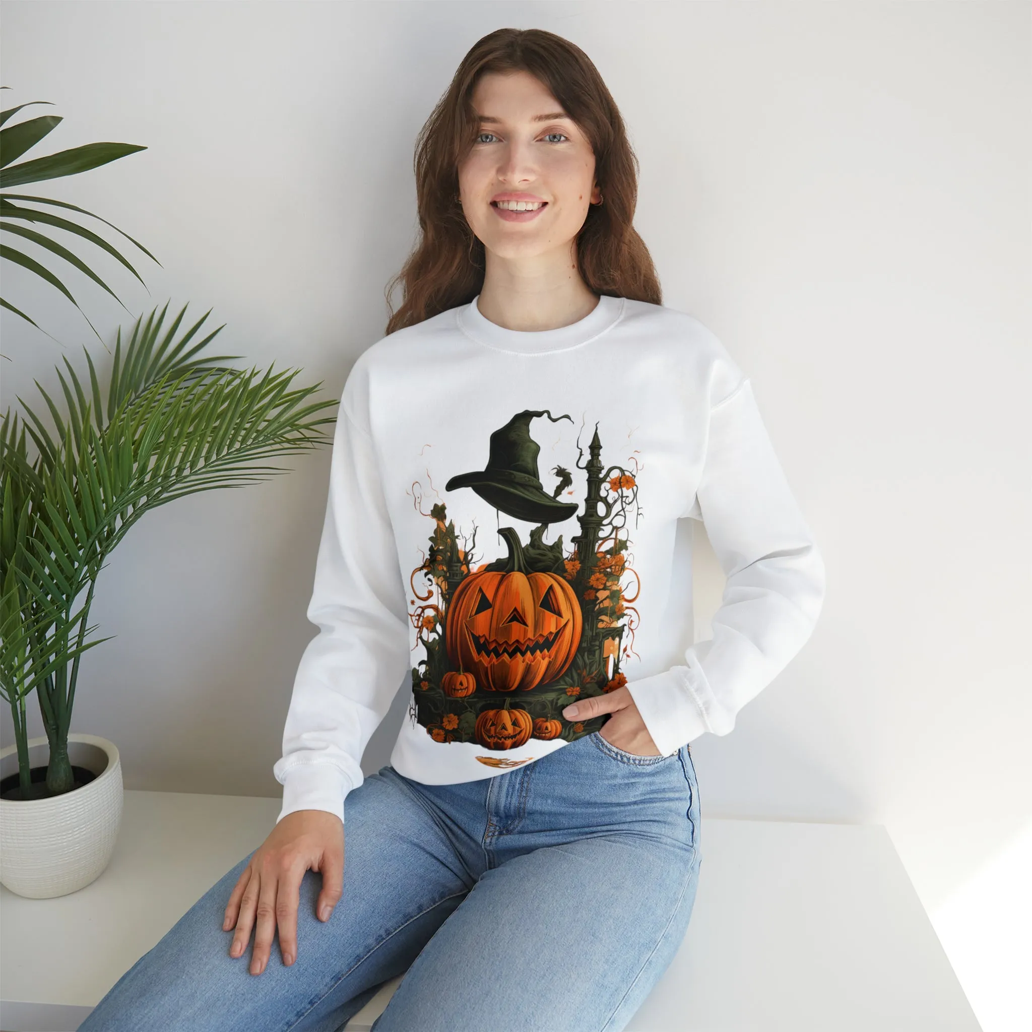 Halloween Crewneck Sweatshirt with Scary Pumpkins Castle Graphic