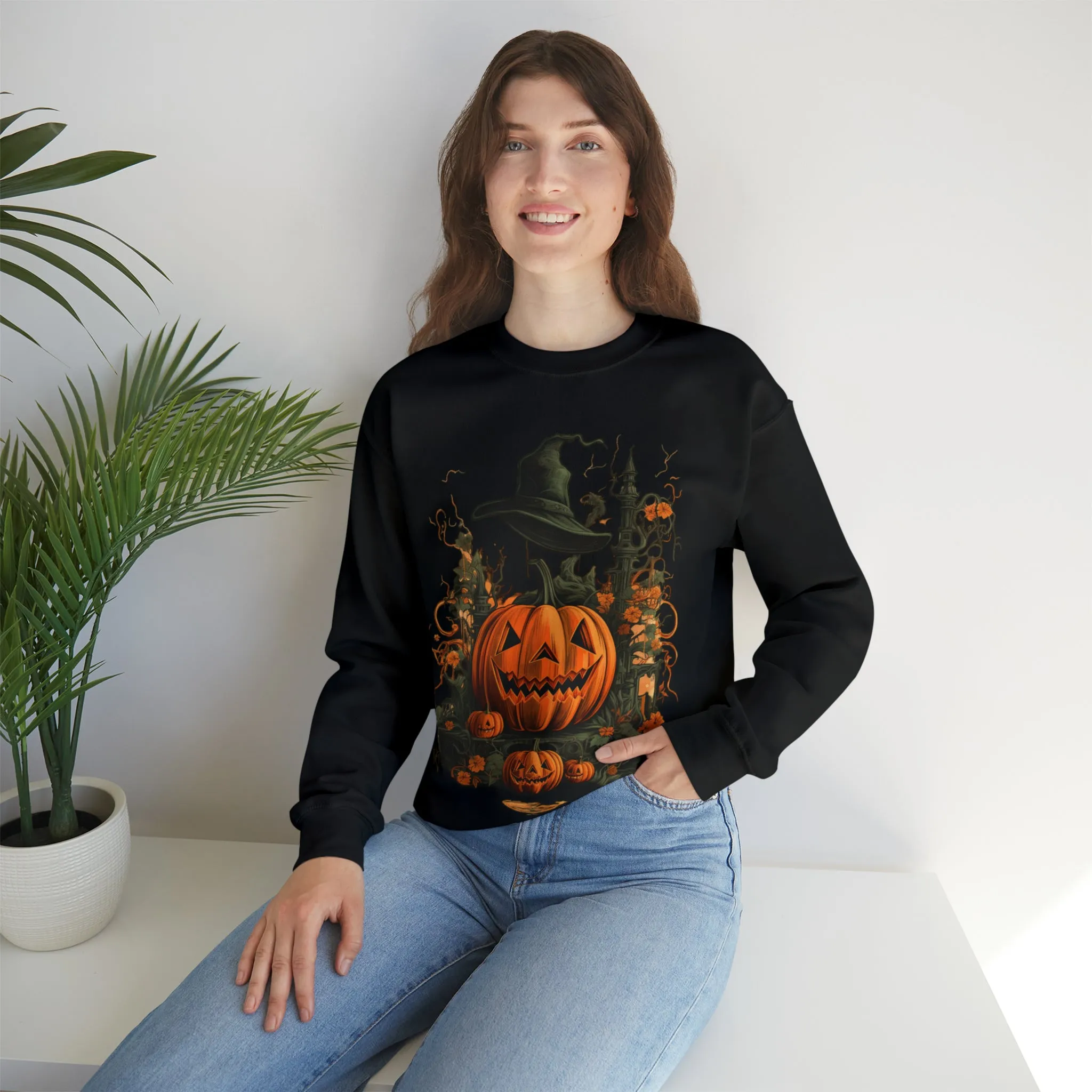 Halloween Crewneck Sweatshirt with Scary Pumpkins Castle Graphic