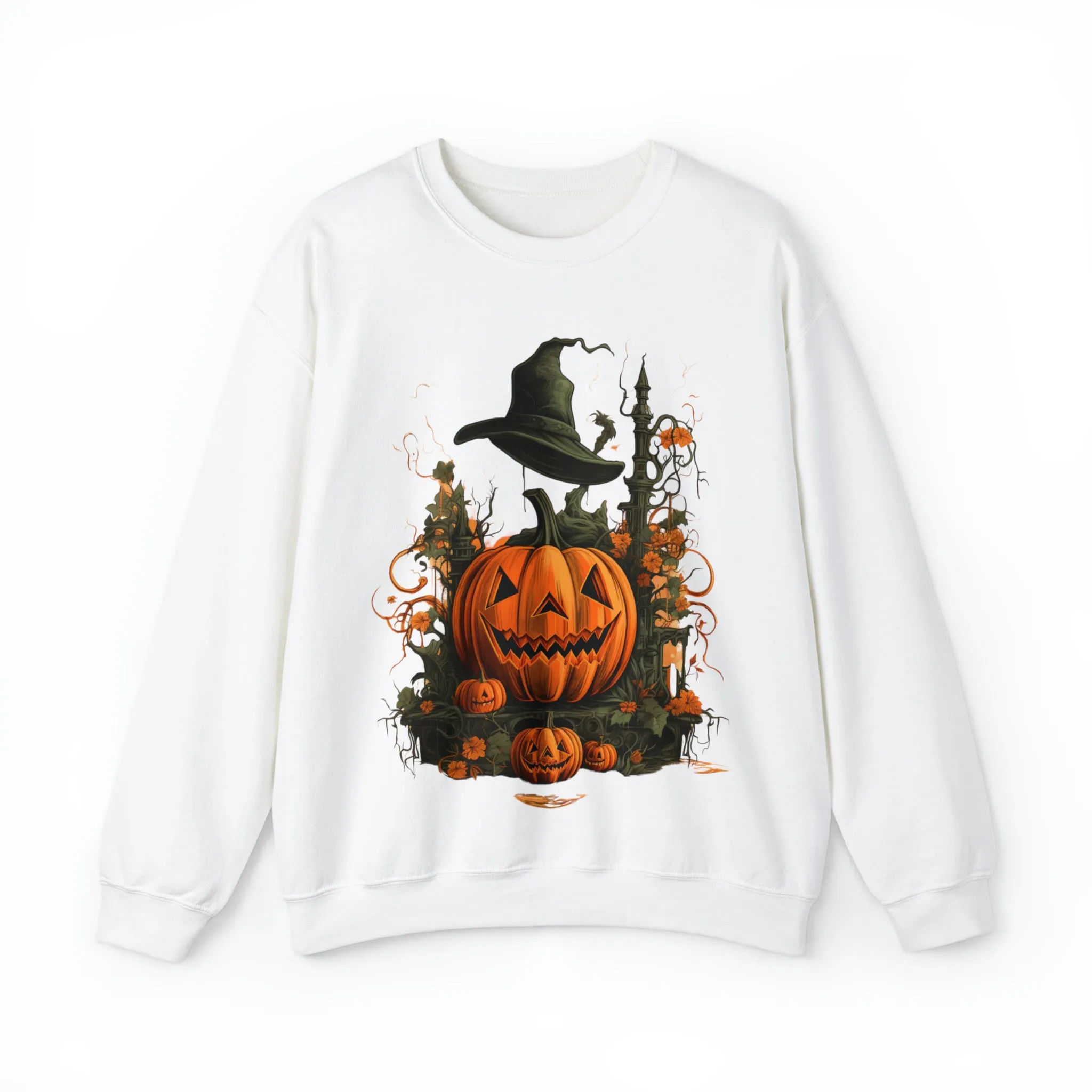 Halloween Crewneck Sweatshirt with Scary Pumpkins Castle Graphic