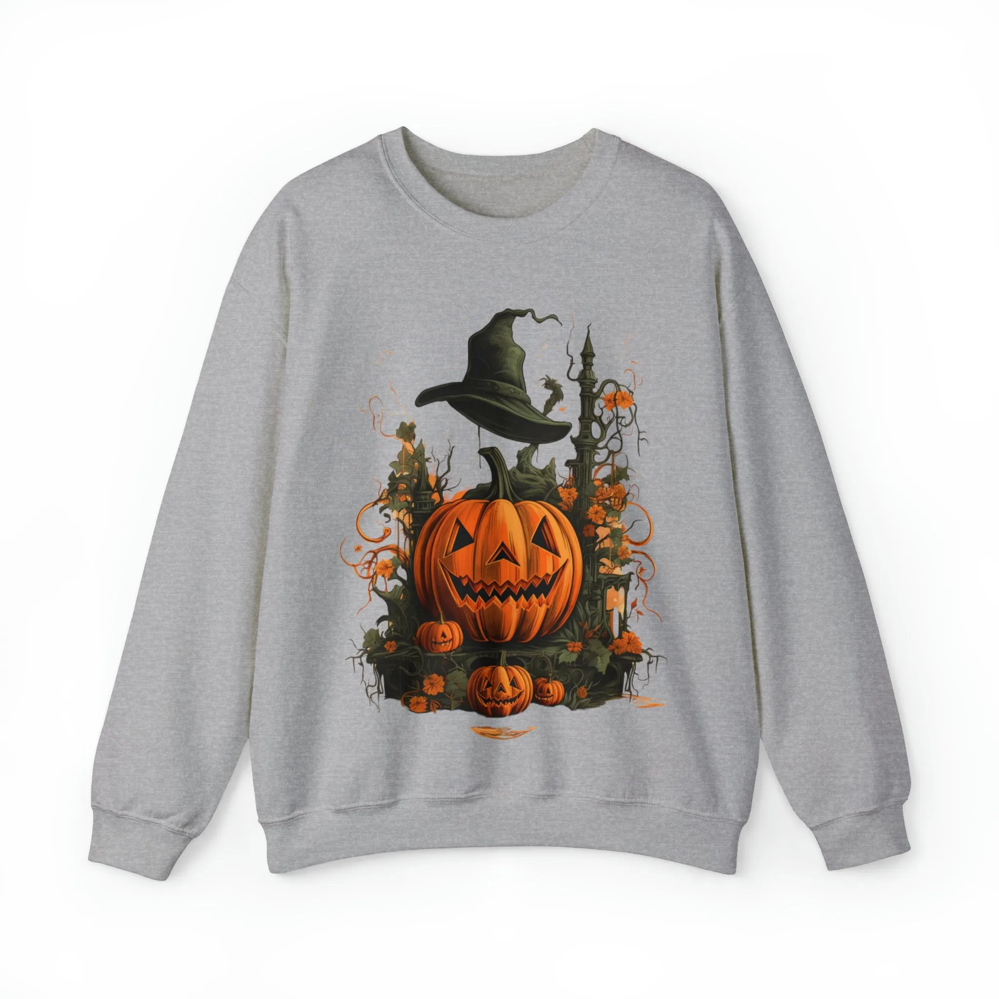 Halloween Crewneck Sweatshirt with Scary Pumpkins Castle Graphic