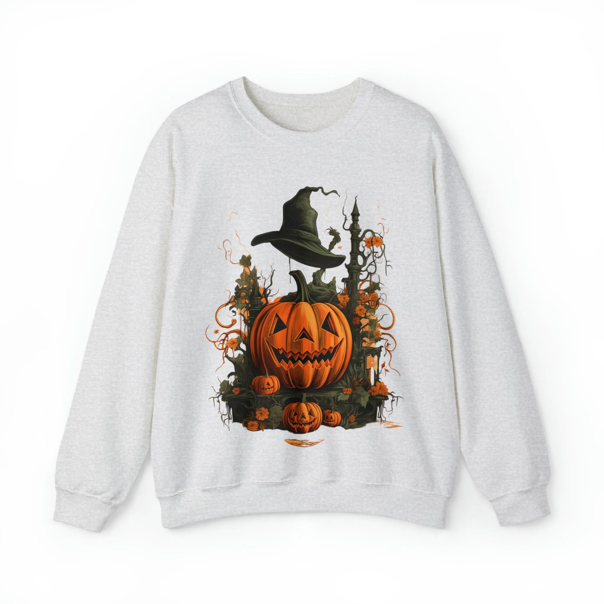 Halloween Crewneck Sweatshirt with Scary Pumpkins Castle Graphic