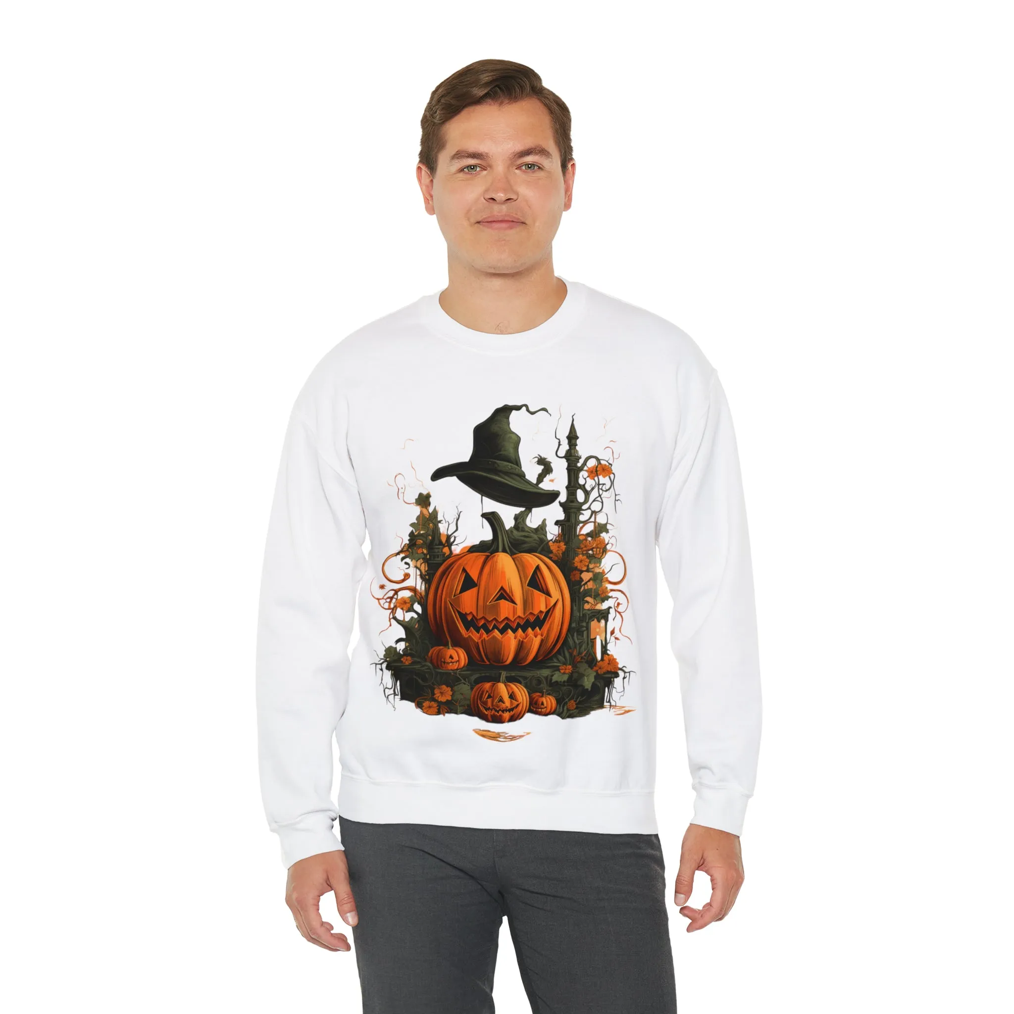 Halloween Crewneck Sweatshirt with Scary Pumpkins Castle Graphic