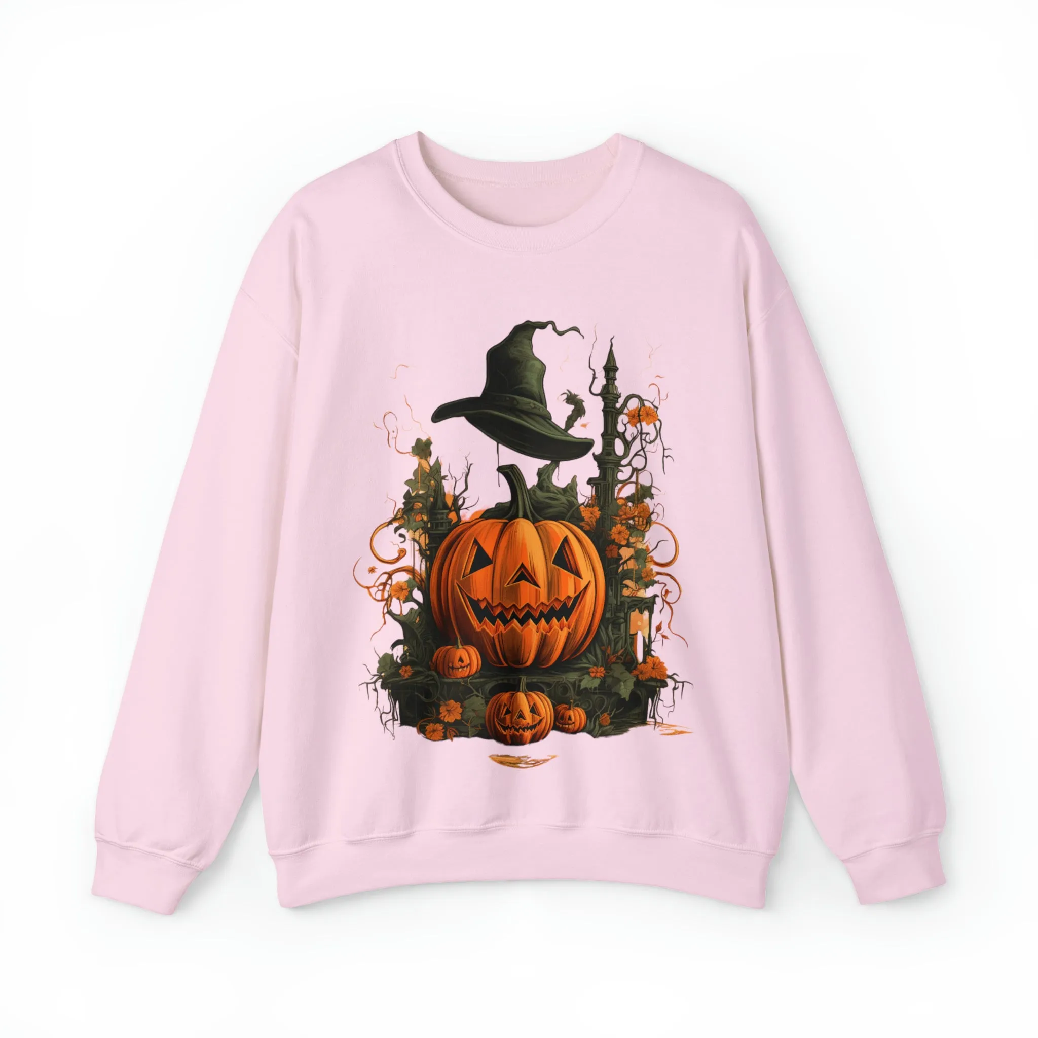 Halloween Crewneck Sweatshirt with Scary Pumpkins Castle Graphic