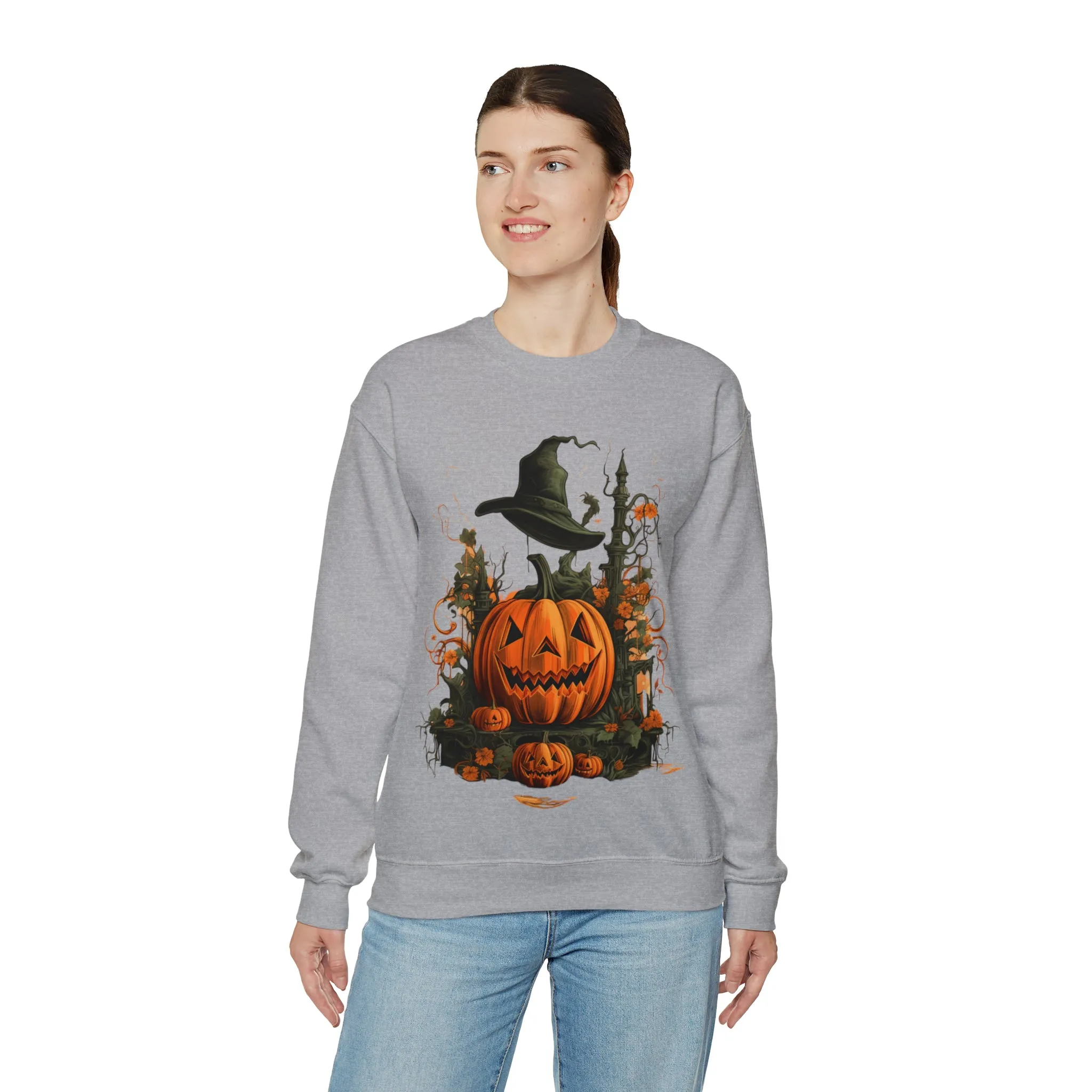 Halloween Crewneck Sweatshirt with Scary Pumpkins Castle Graphic