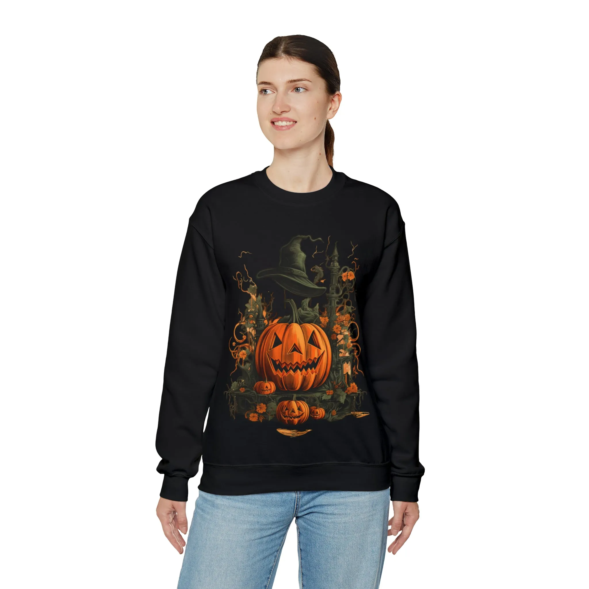 Halloween Crewneck Sweatshirt with Scary Pumpkins Castle Graphic