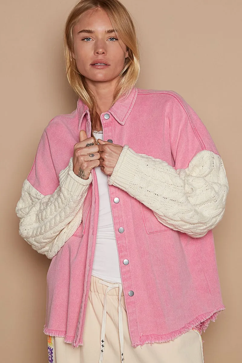 Hazel Blues® |  Contrast Sweater Sleeve Button Down Shacket