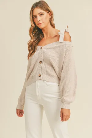 Hazel Blues® |  MABLE Off Shoulder Self Tie Strap Button Down Sweater