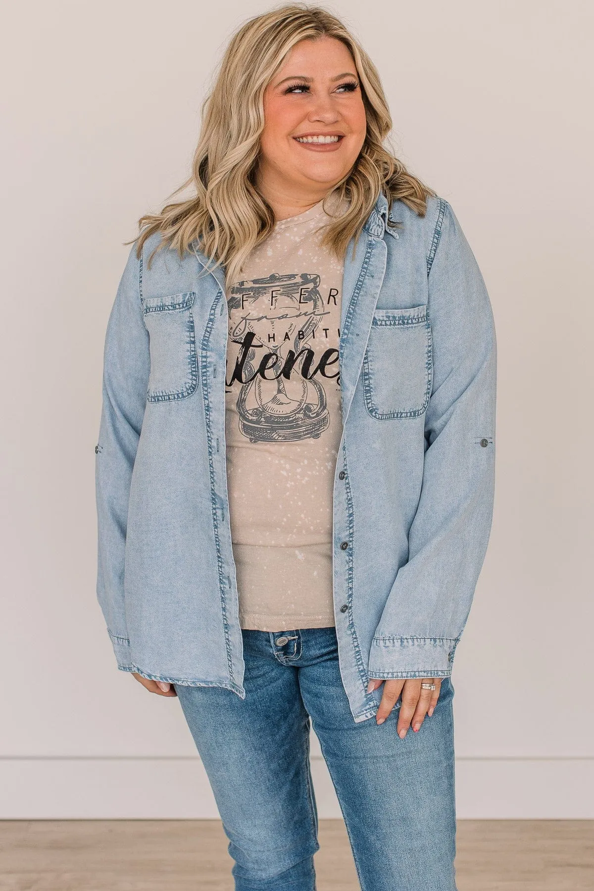 In The Meantime Button Up Chambray Top- Light Denim