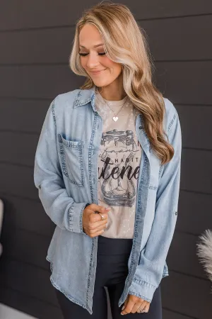 In The Meantime Button Up Chambray Top- Light Denim