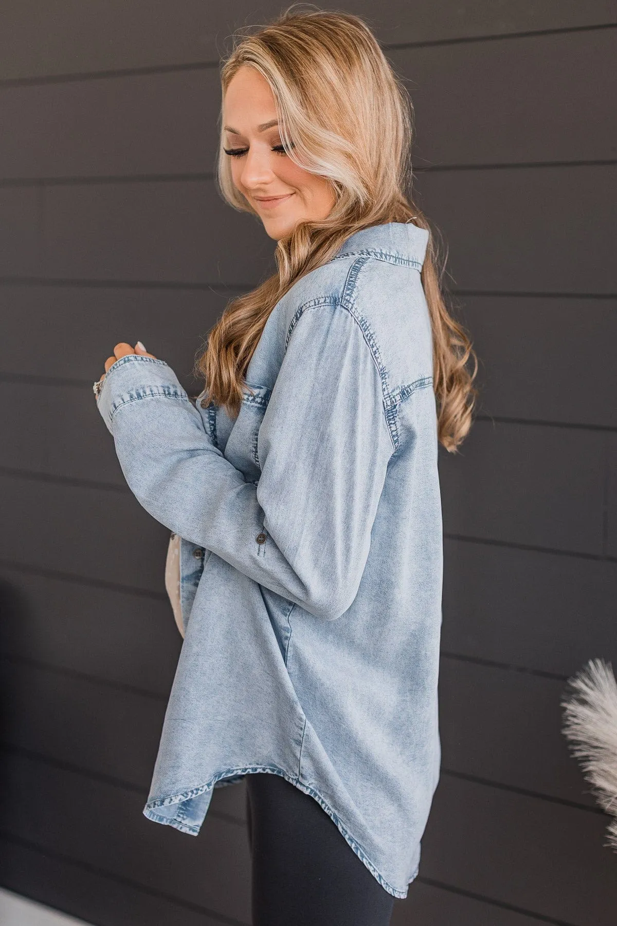 In The Meantime Button Up Chambray Top- Light Denim