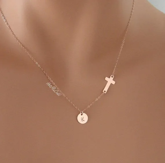 Initials Disc Charm and Sideways Cross Necklace, 3/8" Disc