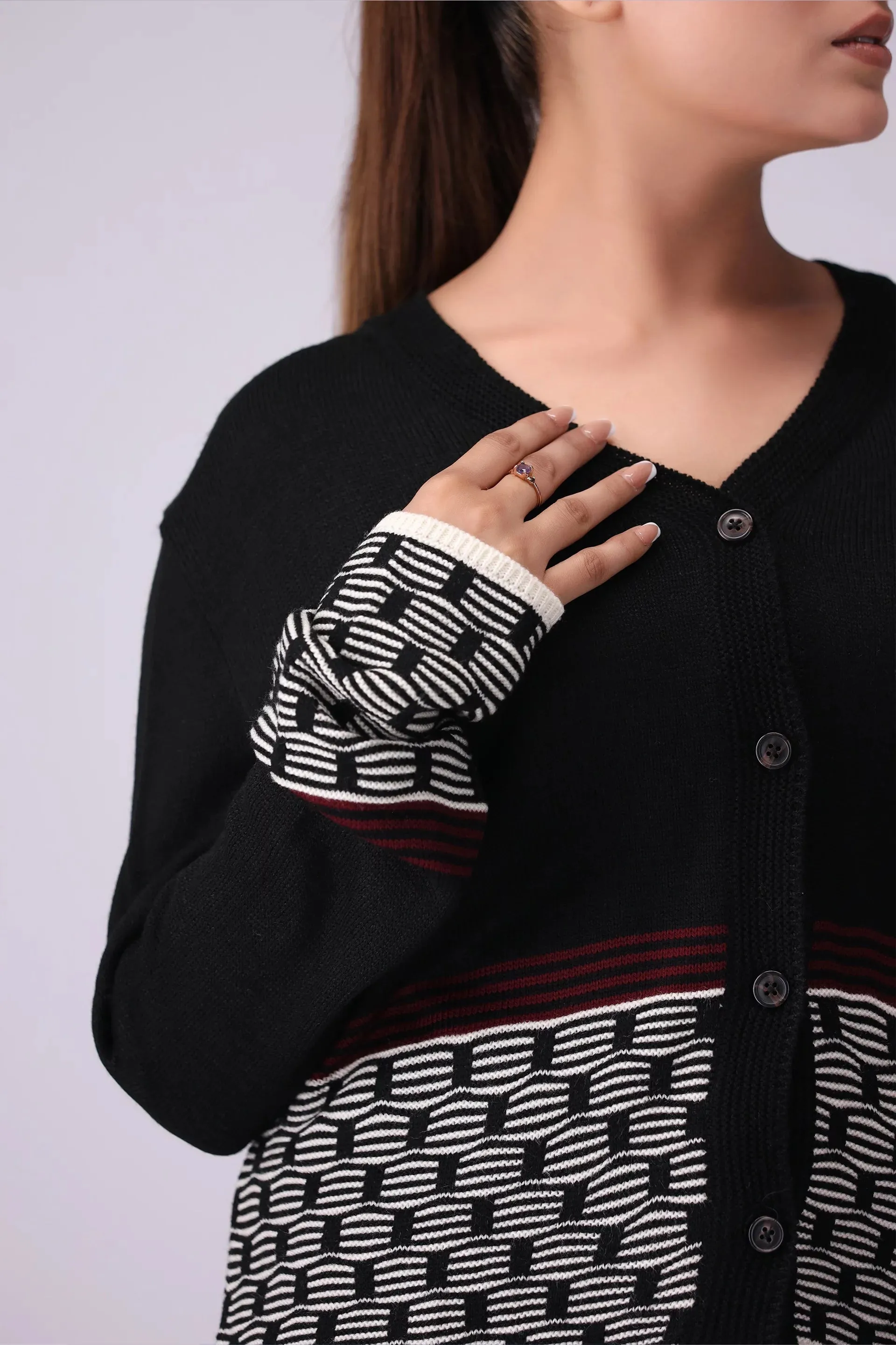 Jacquard Hem Button Down Cardigan