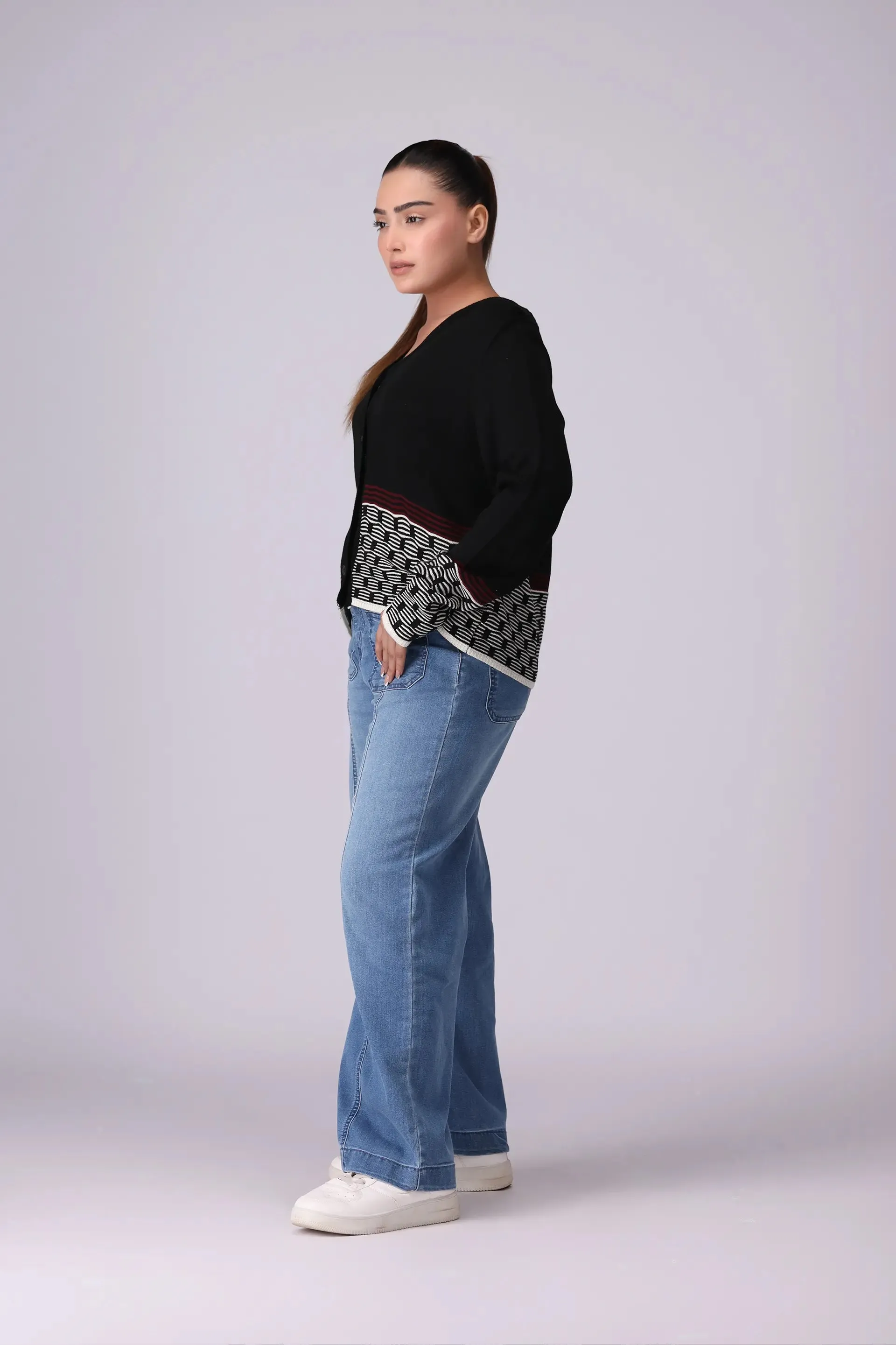 Jacquard Hem Button Down Cardigan
