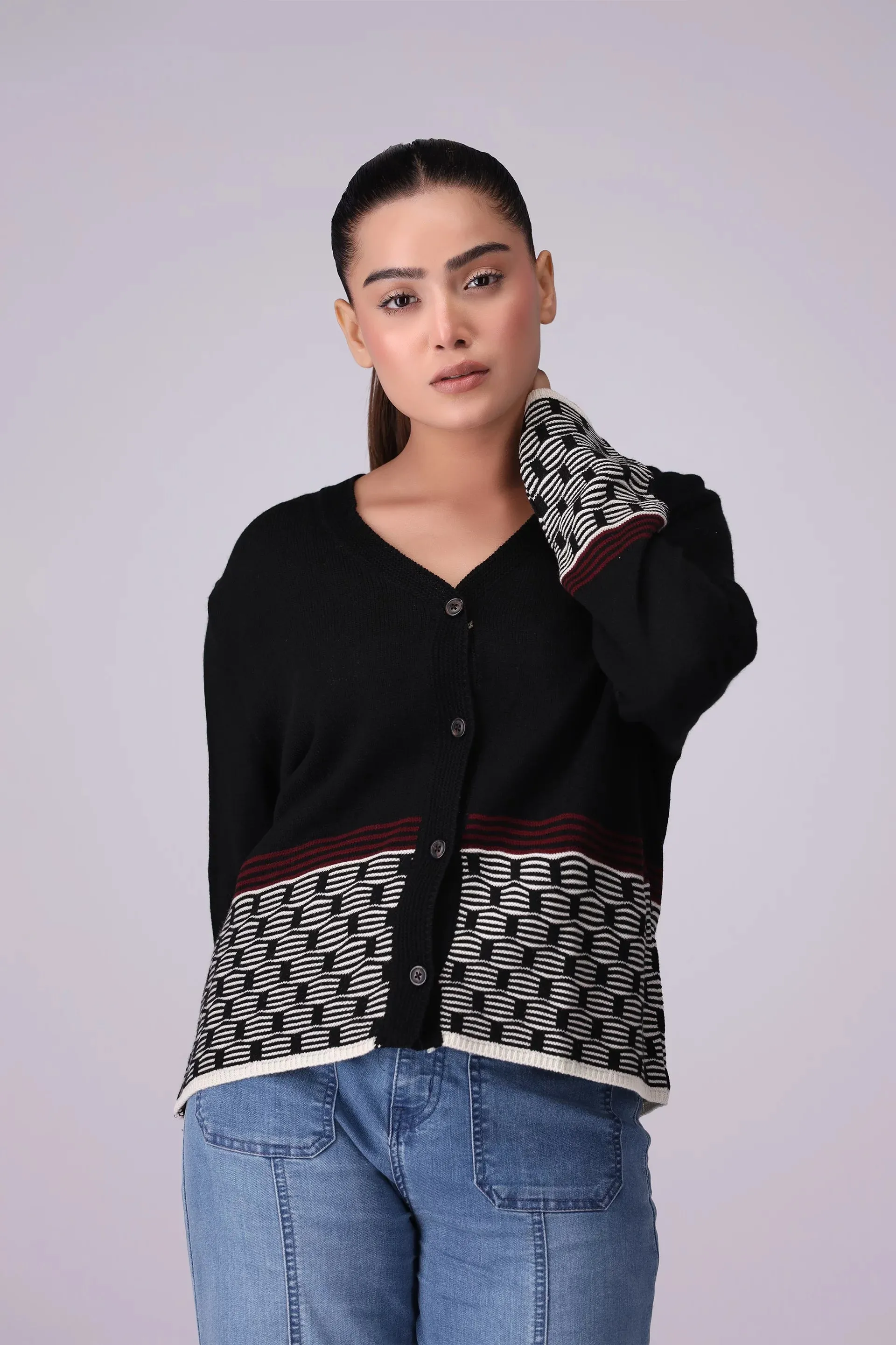 Jacquard Hem Button Down Cardigan