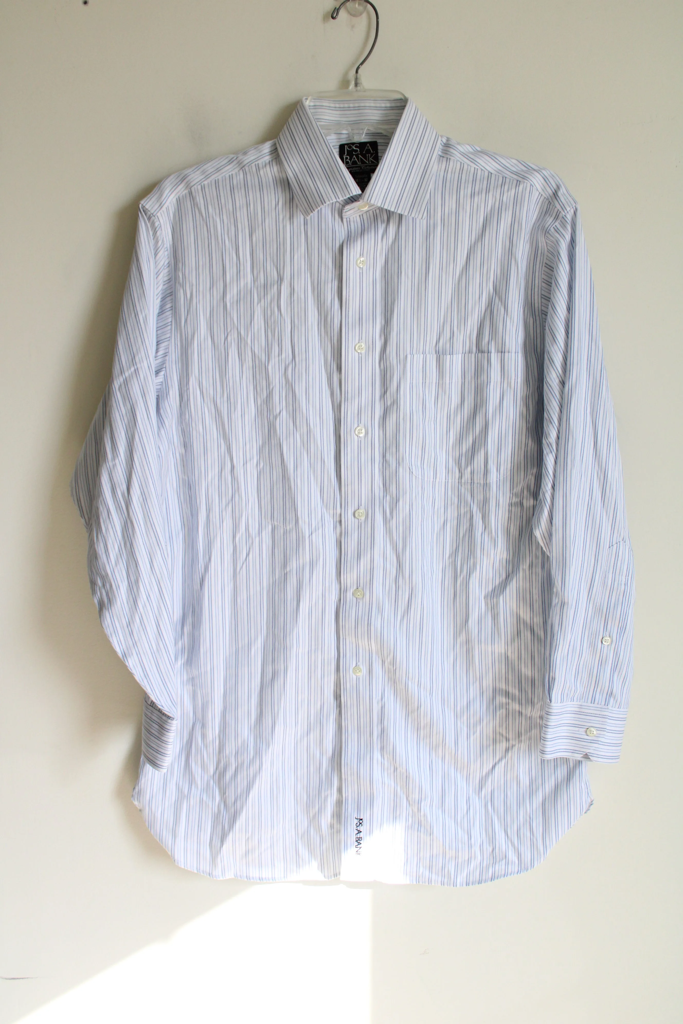 Jos. A. Bank Tailored Fit White & Blue Striped Button Down Shirt | 15 1/2-32