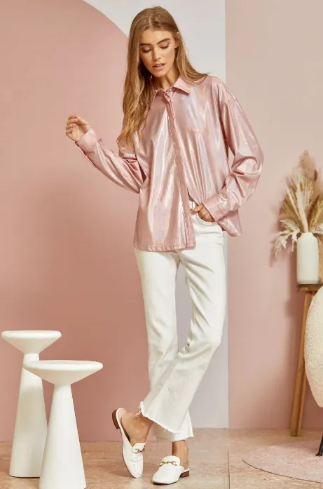 Kass Shimmery Button-Down Top in Blush