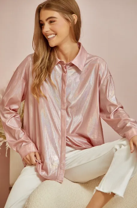 Kass Shimmery Button-Down Top in Blush