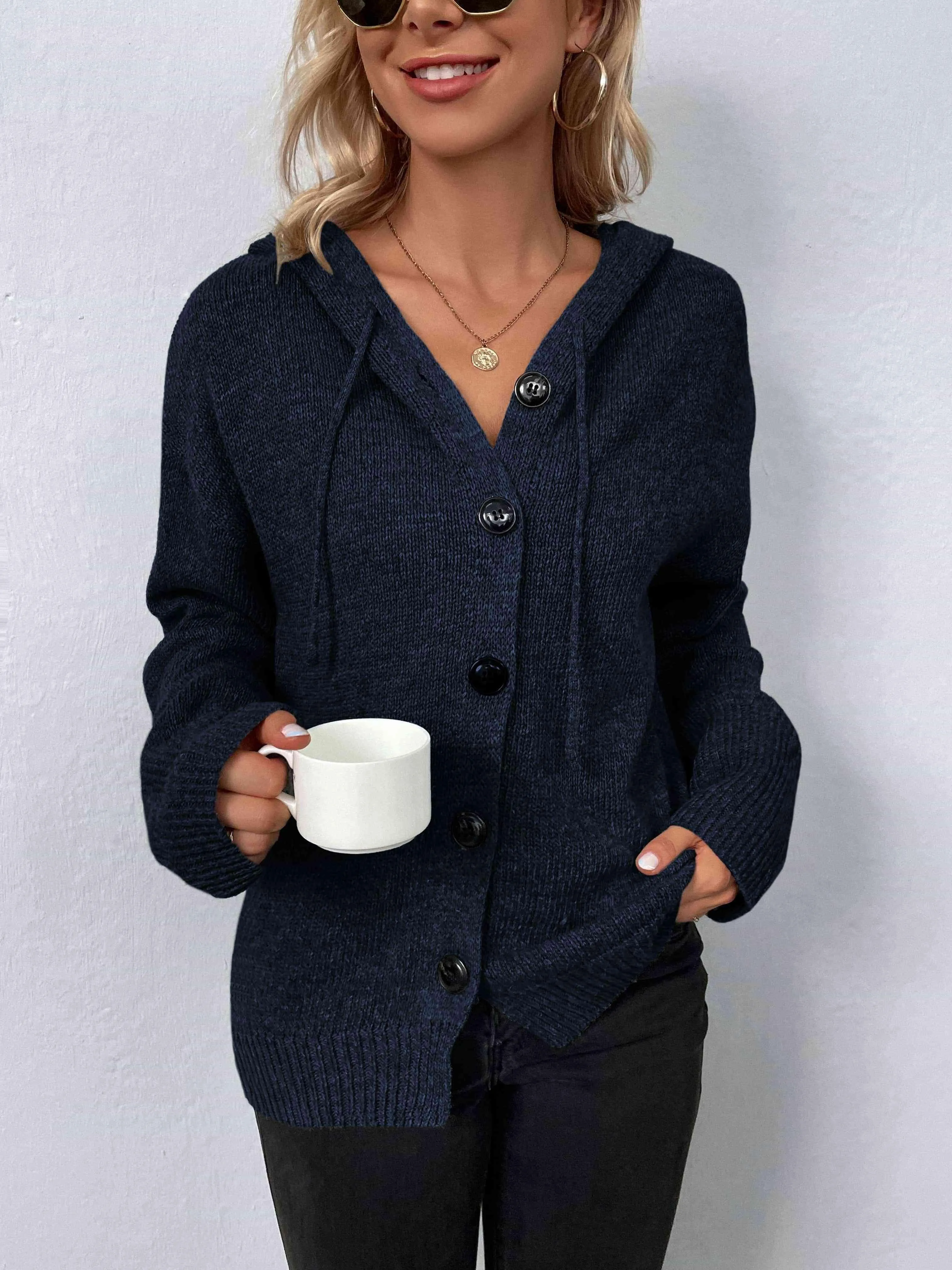 Keep Warm Button Down Hooded Knitted Cardigan