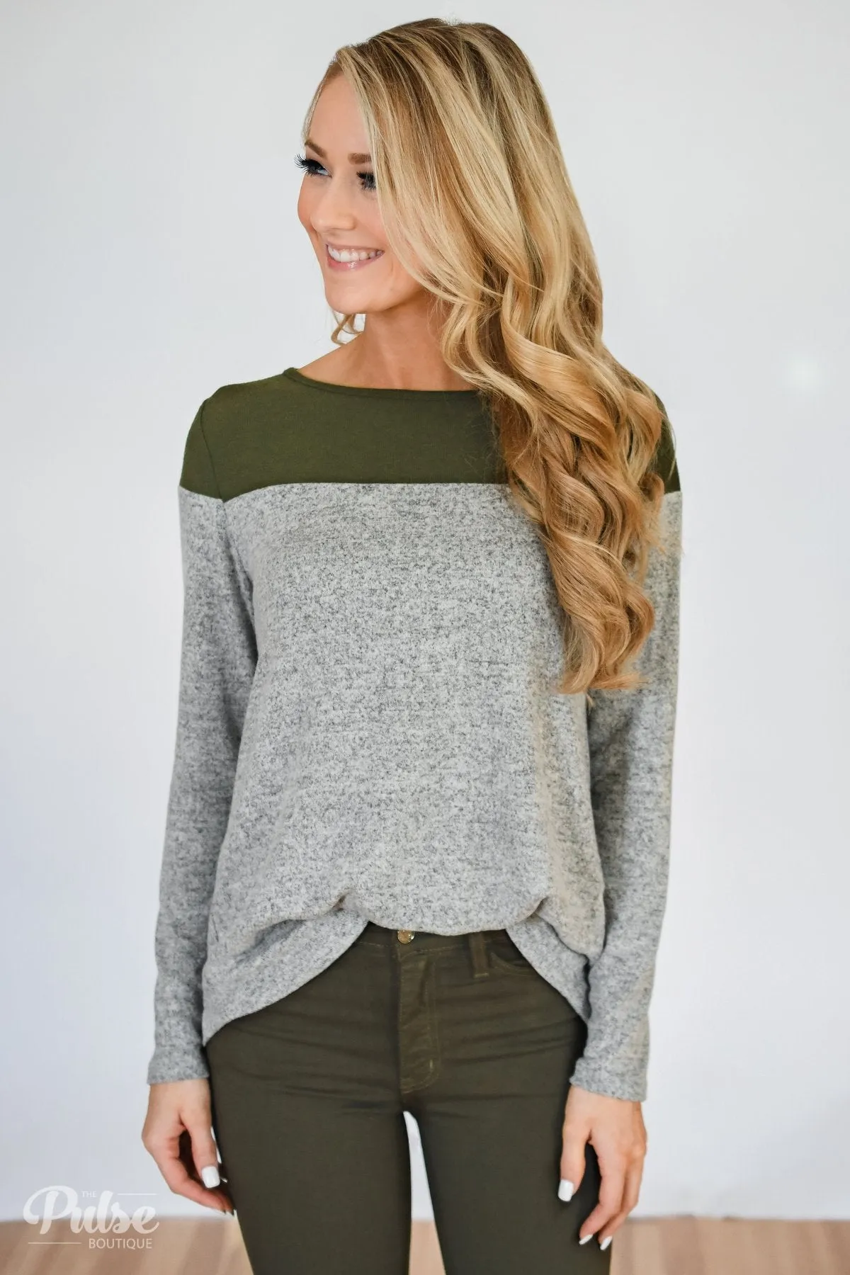 Keeping Up With Cute Button Back Sweater- Grey & Olive