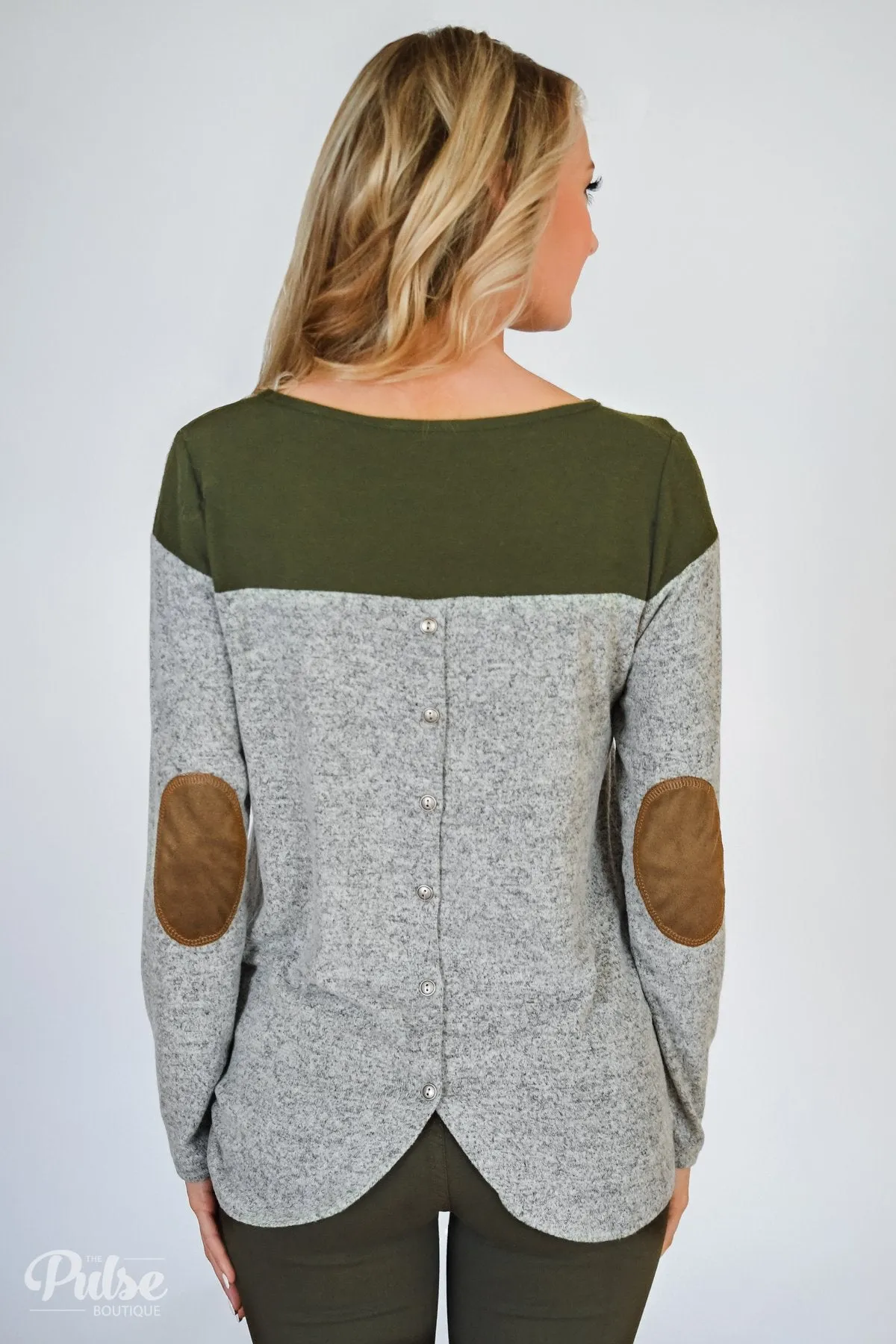 Keeping Up With Cute Button Back Sweater- Grey & Olive