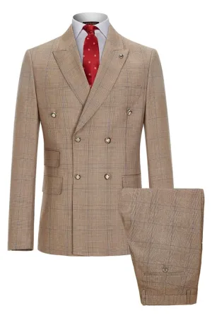Khaki Double Breasted Plaid Business Suit   Newest