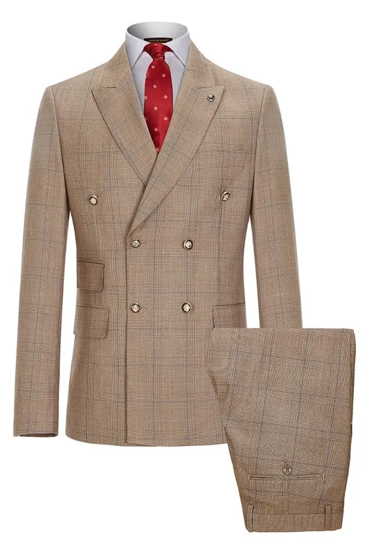Khaki Double Breasted Plaid Business Suit   Newest